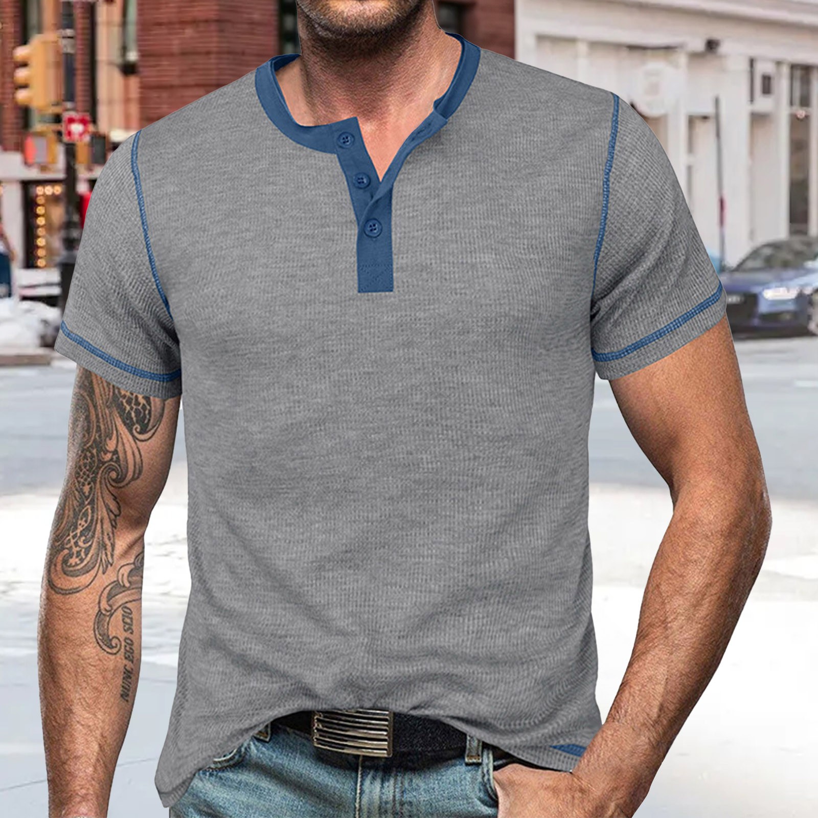 thumbnail image 2 of Camiseta de hombre con botones y cuello abierto en bloques de color - Manga corta, holgada y cómoda, informal/de negocios, poliéster, adecuada para primavera/otoño., 2 of 8